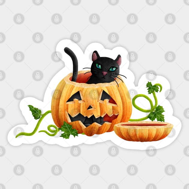 Cat sitting in a Halloween pumpkin Sticker by CleanRain3675